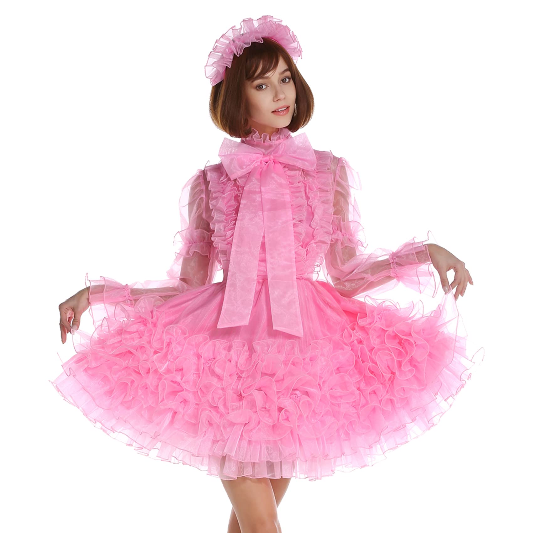 Women Adult Sissy Shimmering Pink Organza See Through Prissy Dress Crossdress