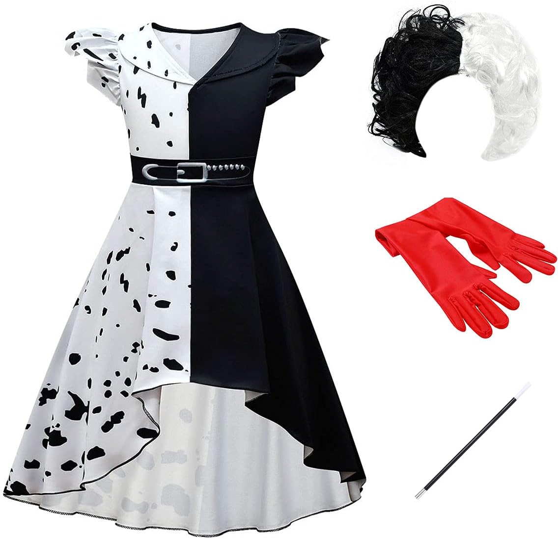 FYMNSI Girl's Cruella Deville Costume Halloween Cosplay Black White Spotted Coat Dress Gloves Wig Holder 4pcs Set