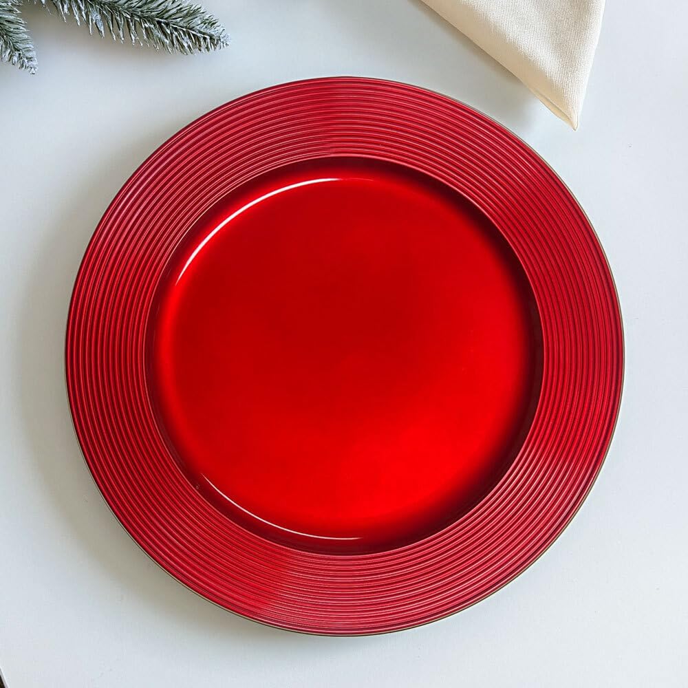 Murago - 6er Set Platzteller ca. 33cm Kunststoff rot - glänzende Unterteller für Teller Dekoteller Kerzenteller Dekoration für Hochzeit Weihnachten Tischdeko