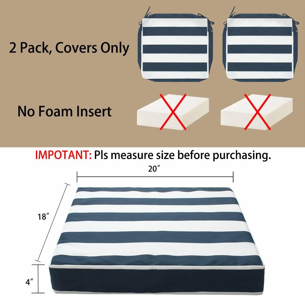 Magpie Fabrics Indoor Outdoor Cushion Cover Replacement 2 Pack, NO Insert! Water Repellent Slipcover with Ties Christmas Decor for Patio Garden Chair Seat Sofa Bench Wicker(Navy White, 20x18x4 Inch)