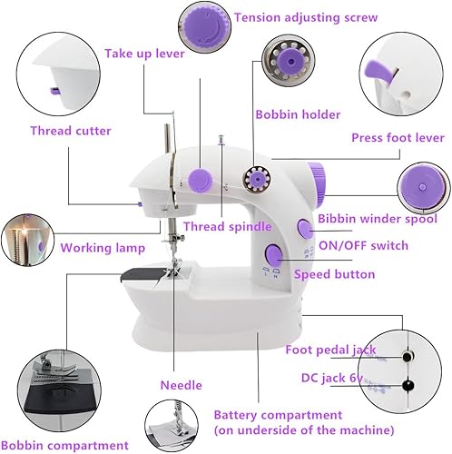 Miniatura 3 de EarfnBabi Mini máquinas de coser portátiles de dos hilos de doble velocidad con interruptores dobles Máquina de coser eléctrica adecuada para el