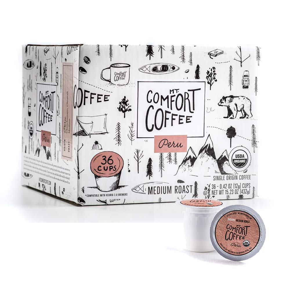 Mt. Comfort Coffee Organic Peru Medium Roast, 36 Count Coffee Pods - K-Cup Compatible Including 2.0 - Roasted Ground Coffee