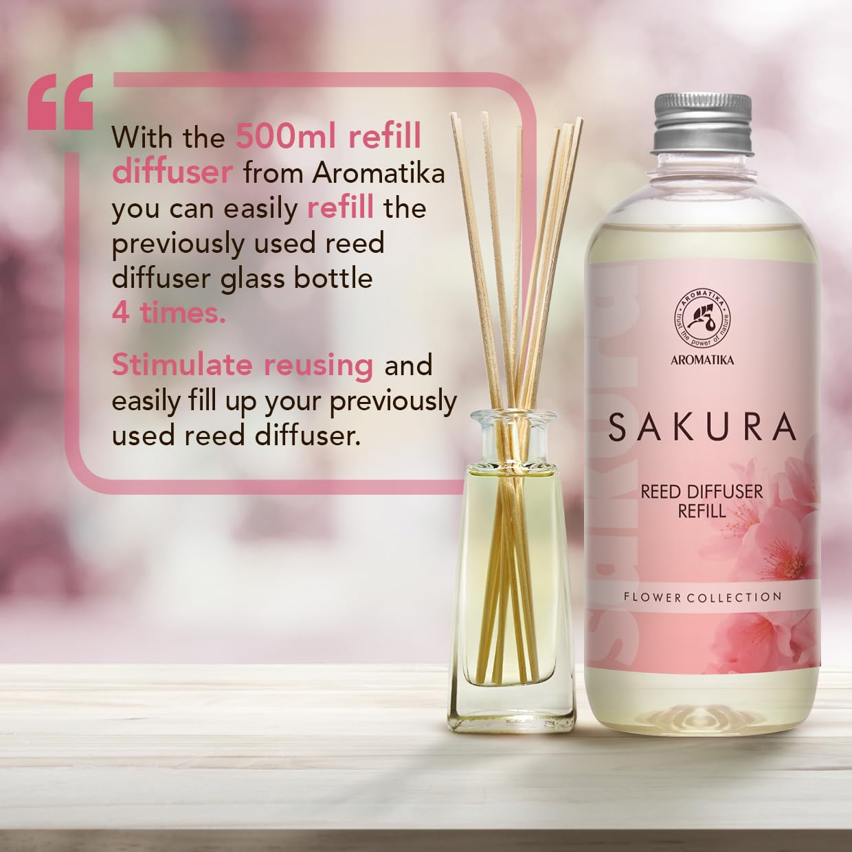 Recambio de Difusor Sakura 500 ml - Recambios de Aroma para Difusores de Carrizo - Fragancia Fresca y Duradera - Fragancias de Ambiente - para Hogar - Aromaterapia