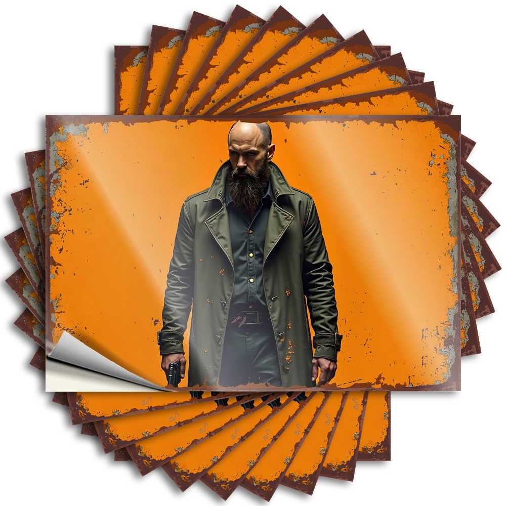 Fzfn Colour Bumper Modern Fishing High Water Man In Trench Coat Holding Gun Against Orange Background - Scratch Resistant Stickers(8X12cm)