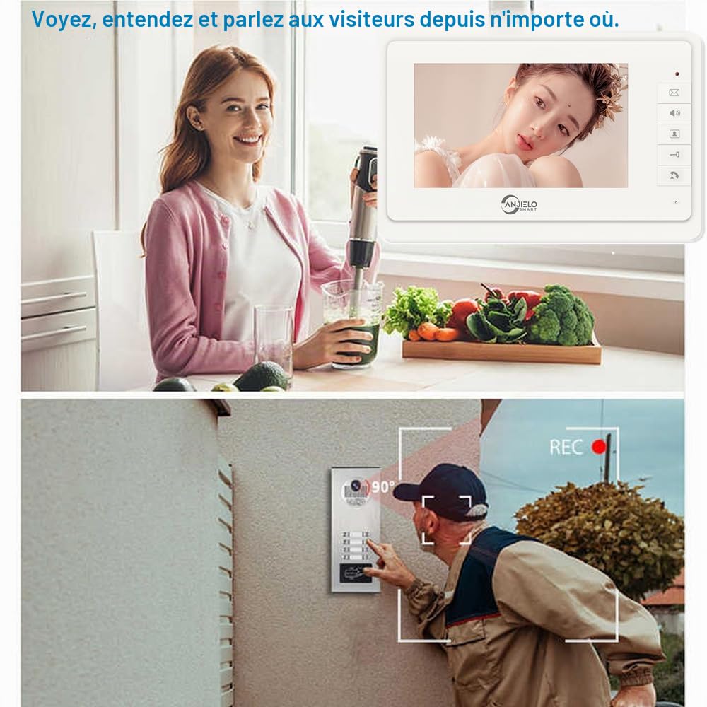 Système d'interphone vidéo filaire pour appartement, kit de visiophone avec 8 unités moniteur de 17,8 cm, sonnette vidéo intérieure et extérieure, déverrouillage par carte d'identité, audio