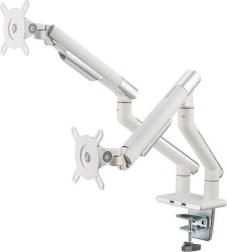POUT E12 Soporte de brazo para monitor doble, soporte de escritorio ajustable de movimiento completo para pantallas de 17 a 32 pulgadas, soporta