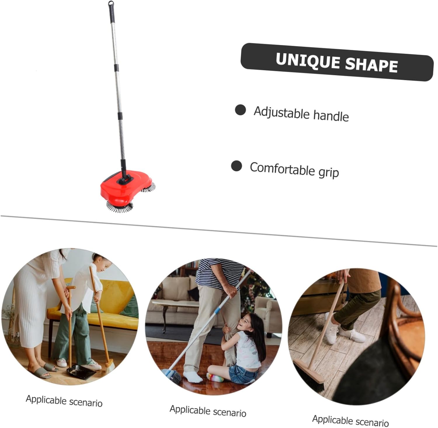 Hand Push Floor Sweeper Broom with Dustpan and Trash Bin Adjustable Handle Rotating Mop for Cleaning All Hard Floors Red