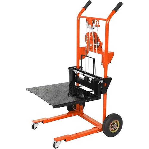 Material Lift Winch Stacker,330 lbs Capacity Manual Pallet Stacker 40.5" Lift Height 18.1" Fork Length, Pallet Jack Truck Dolly（Orange）