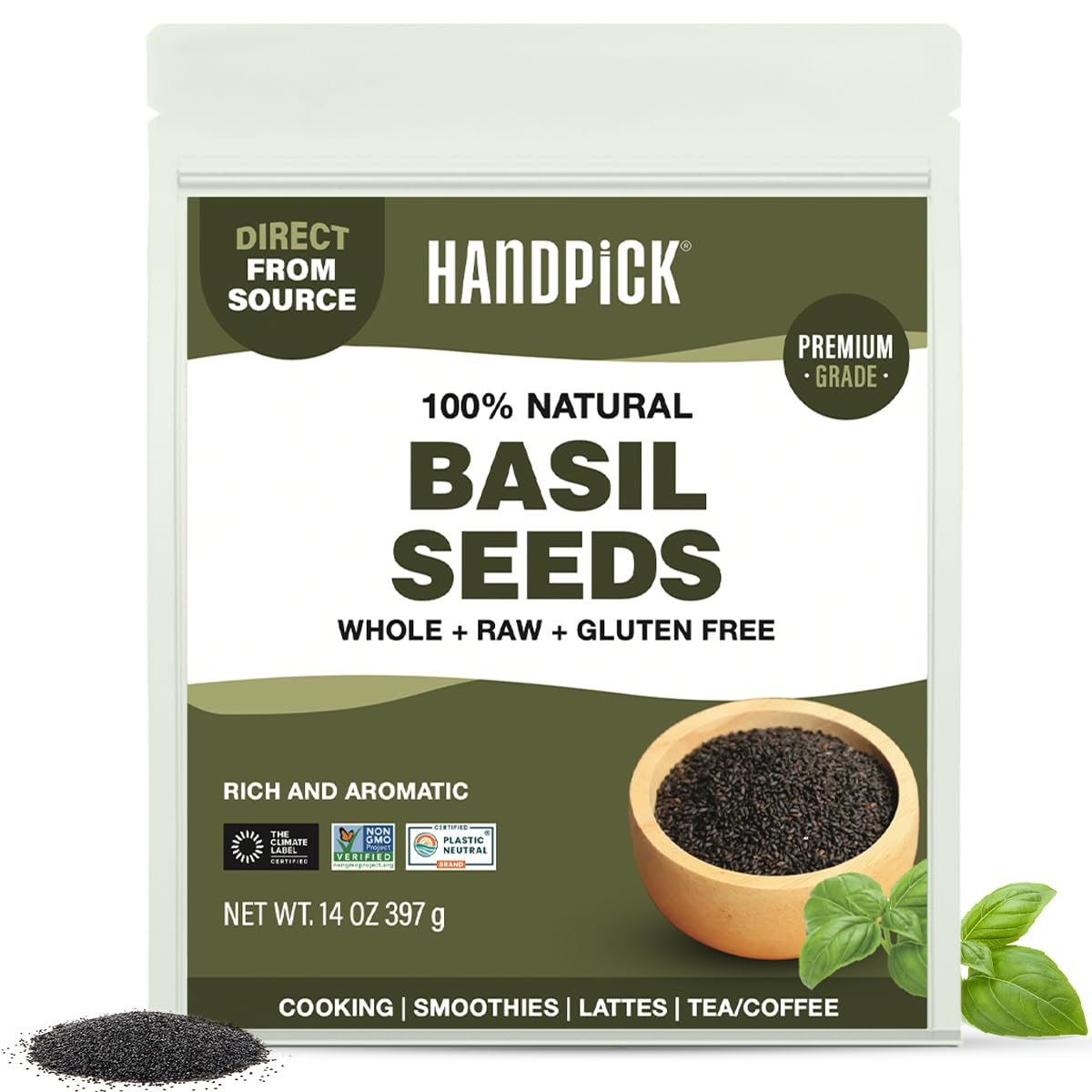 Holy Basil Seeds (397g/14oz) Gluten free, Raw Sabja, Tukmaria Seeds from India, Packed in Resealable Zip Lock Pouch