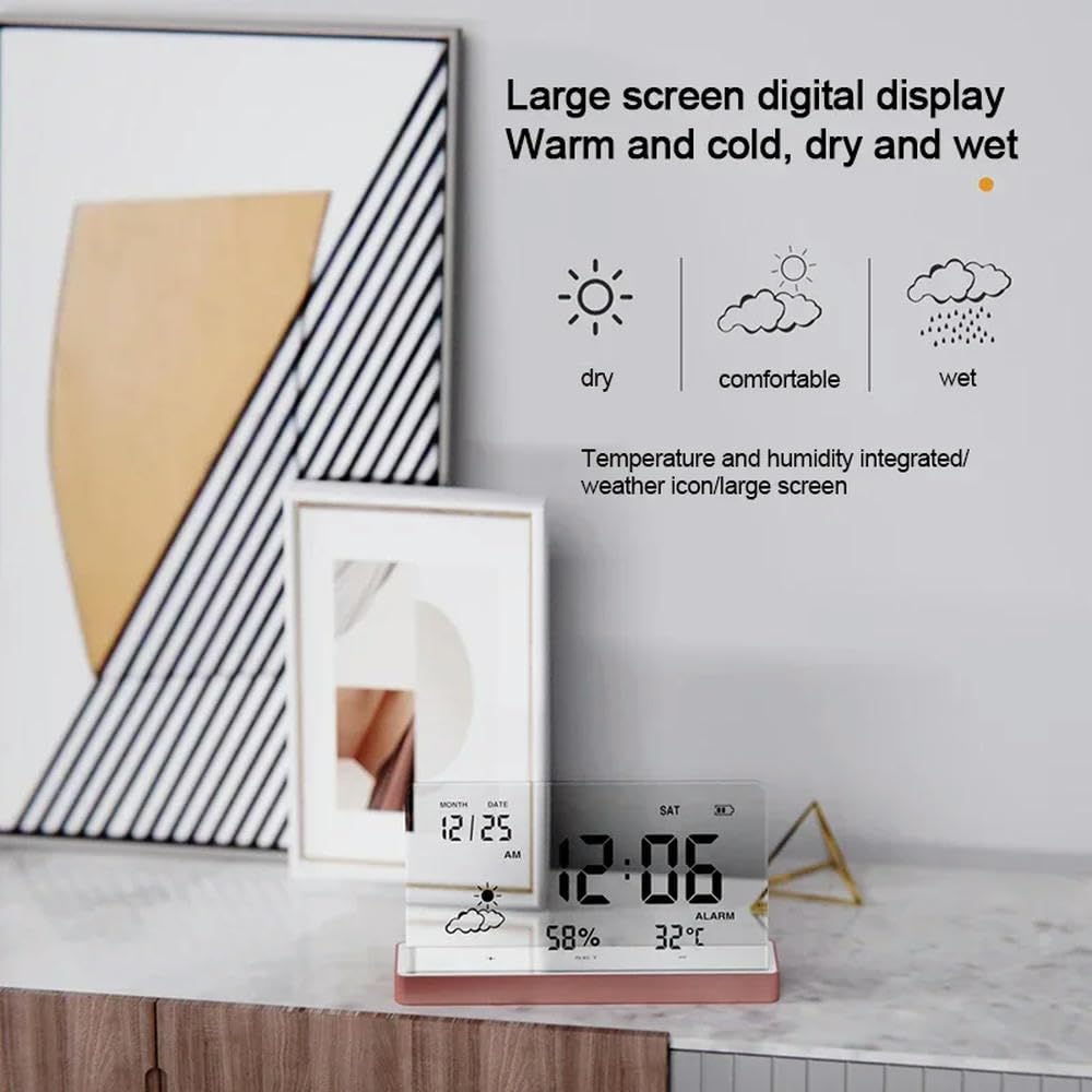 NYSDM - Orologio digitale trasparente con display 3 in 1, grande schermo, temperatura, umidità, data, sveglia, base trasparente, decorazione per casa e ufficio