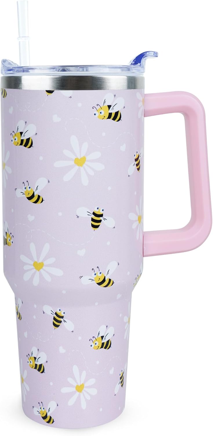40 oz Cute Daisy Bee Tumbler with Handle and Straw, Stainless Steel Insulated Cup with Lid and Straw, Travel Mug Water Bottle, Gifts for Women