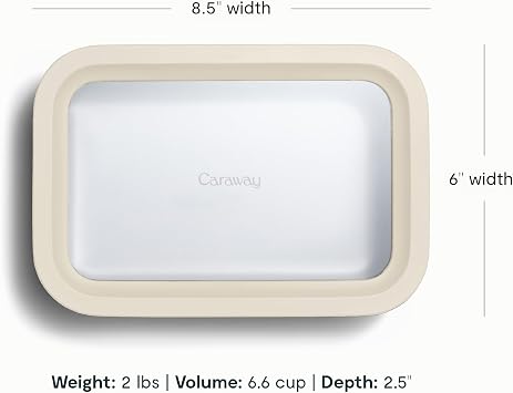 Caraway Glass Food Storage - 6.6 Cup Glass Container - Ceramic Coated Food Container - Non Stick Lunch Box Container with Lids - Dishwasher, Oven, Microwave Safe - Cream