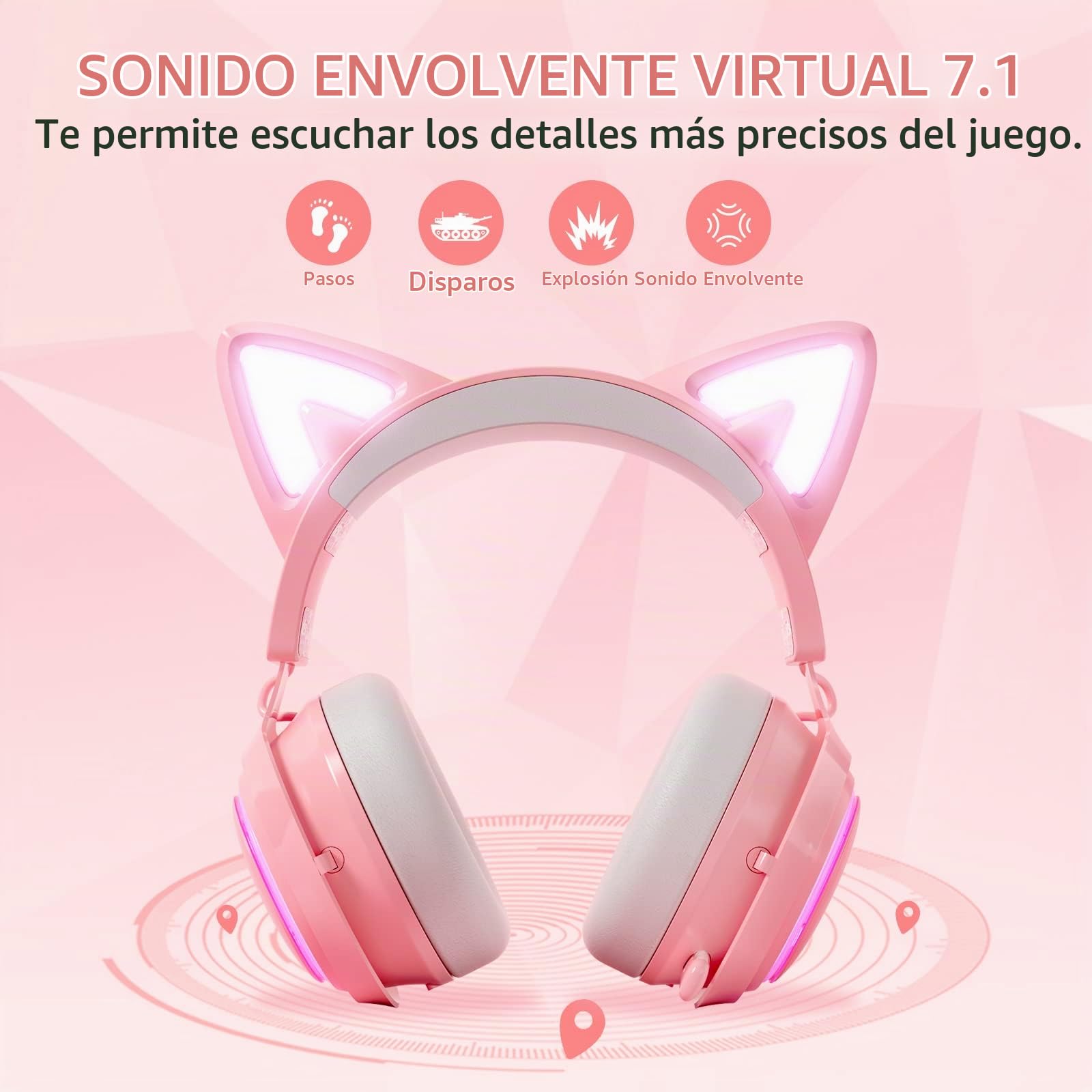 SOMIC Auriculares con Orejas de Gato, Auriculares inalámbricos para Juegos de 2,4 GHz para PS4, PS5, PC, Auriculares Bluetooth para teléfonos Inteligentes, iluminación RGB, micrófono retráctil