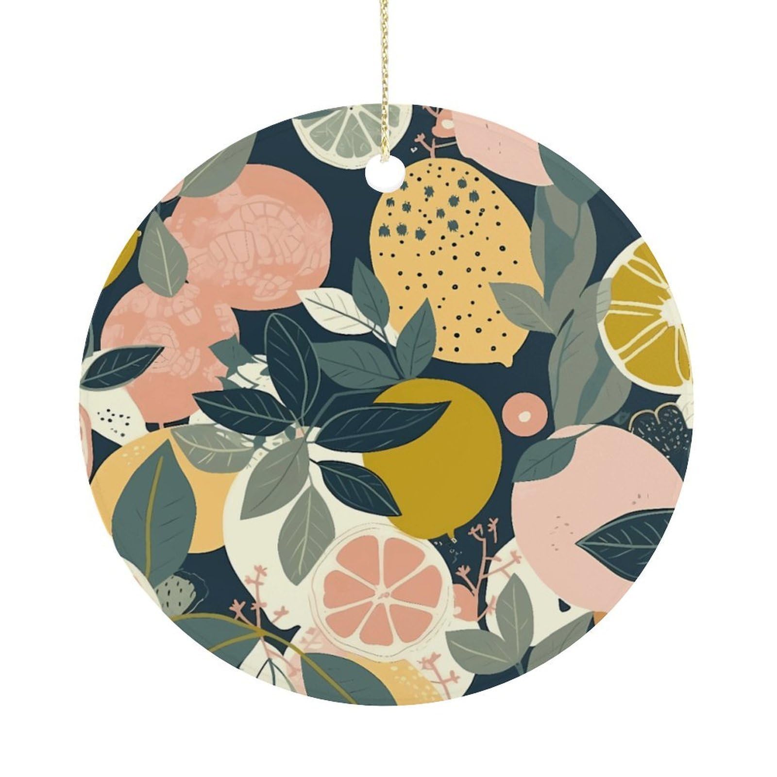 Lemon Citrus Pattern Christmas Ornaments Colorful Round Ceramic Ornament Christmas Hanging Decor Christmas Tree Decorations Xmas Keepsake for Women Men Xmas Holiday Party