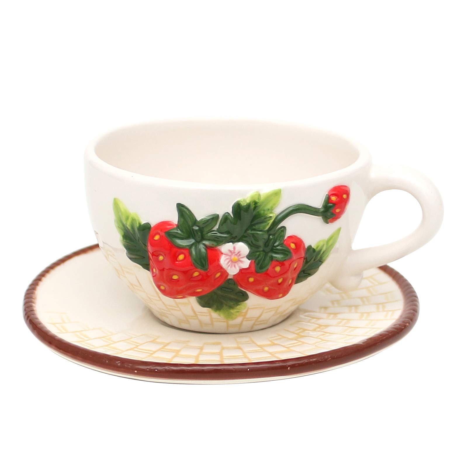 Dekohelden24 Dolomite Coffee Cup and Saucer Set with Strawberry Relief Approx. 15.5 x 11 x 6.5 cm