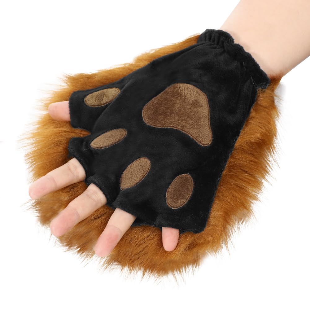ITODA Furry Cat Paw Animal Gloves Cartoon Bear Paw Claw Glove Winter Warm Mitten Half Finger Gloves Hairy Hand Warmer Party Cosplay Costume Glove for Adult - Image 3