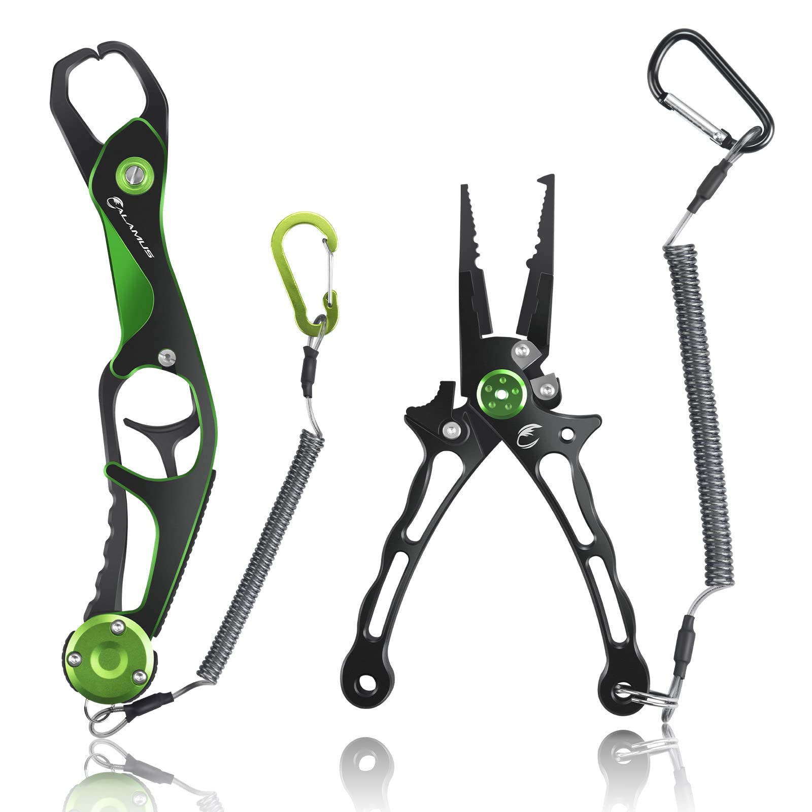 Calamus Fishing Pliers with Fish Lip Gripper, Lightweight Aluminum Fishing Tools, Line Cutter Hook Remover Split Ring Pliers, Fly Fishing kit, Ice Fishing Gear, Fishing Gifts for Men, Green