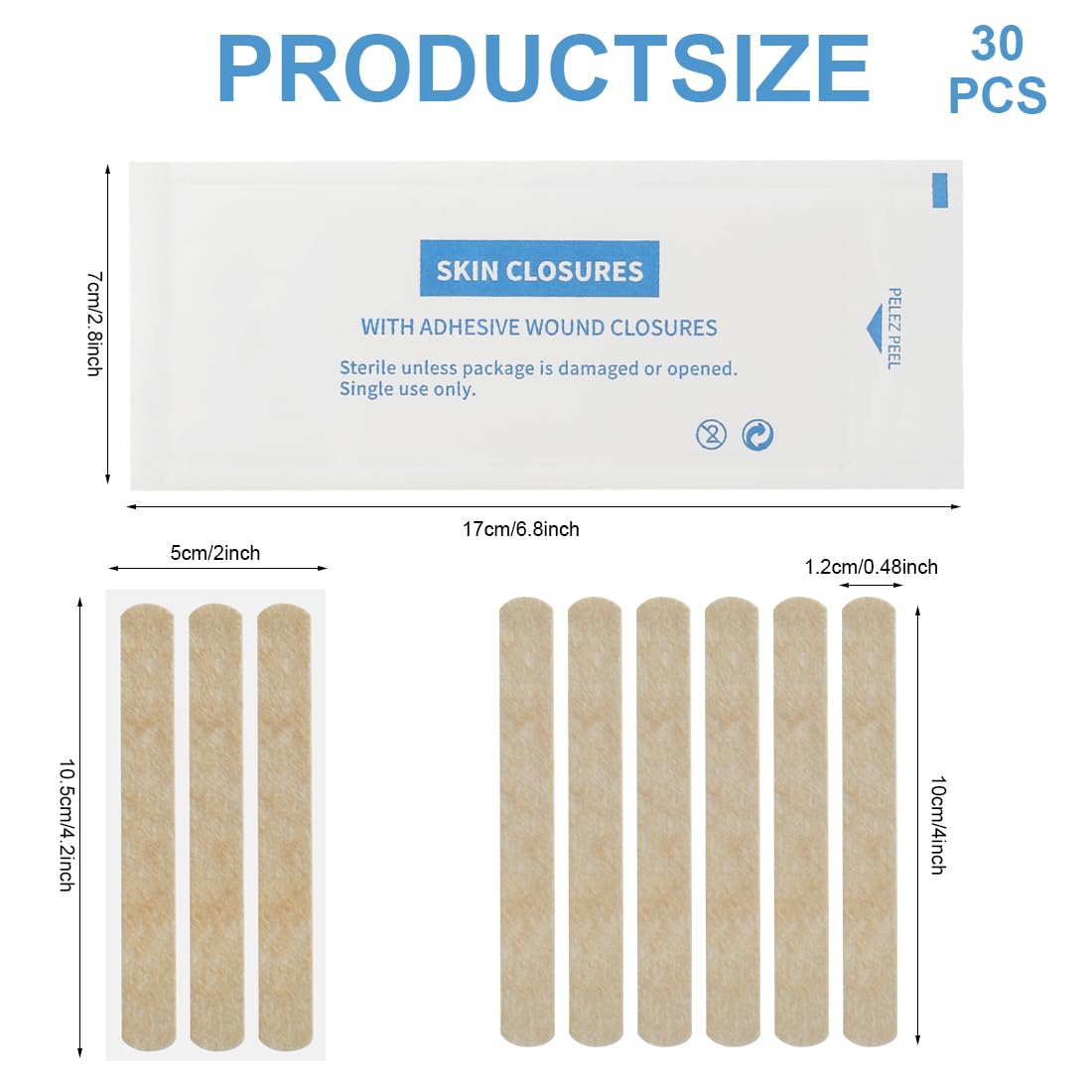 30 Strips Skin Wound Closure Strip 0.48" x 4" Breathable Steri Strips Adhesive Closures Tape for Closing Minor Cuts Wounds - 3