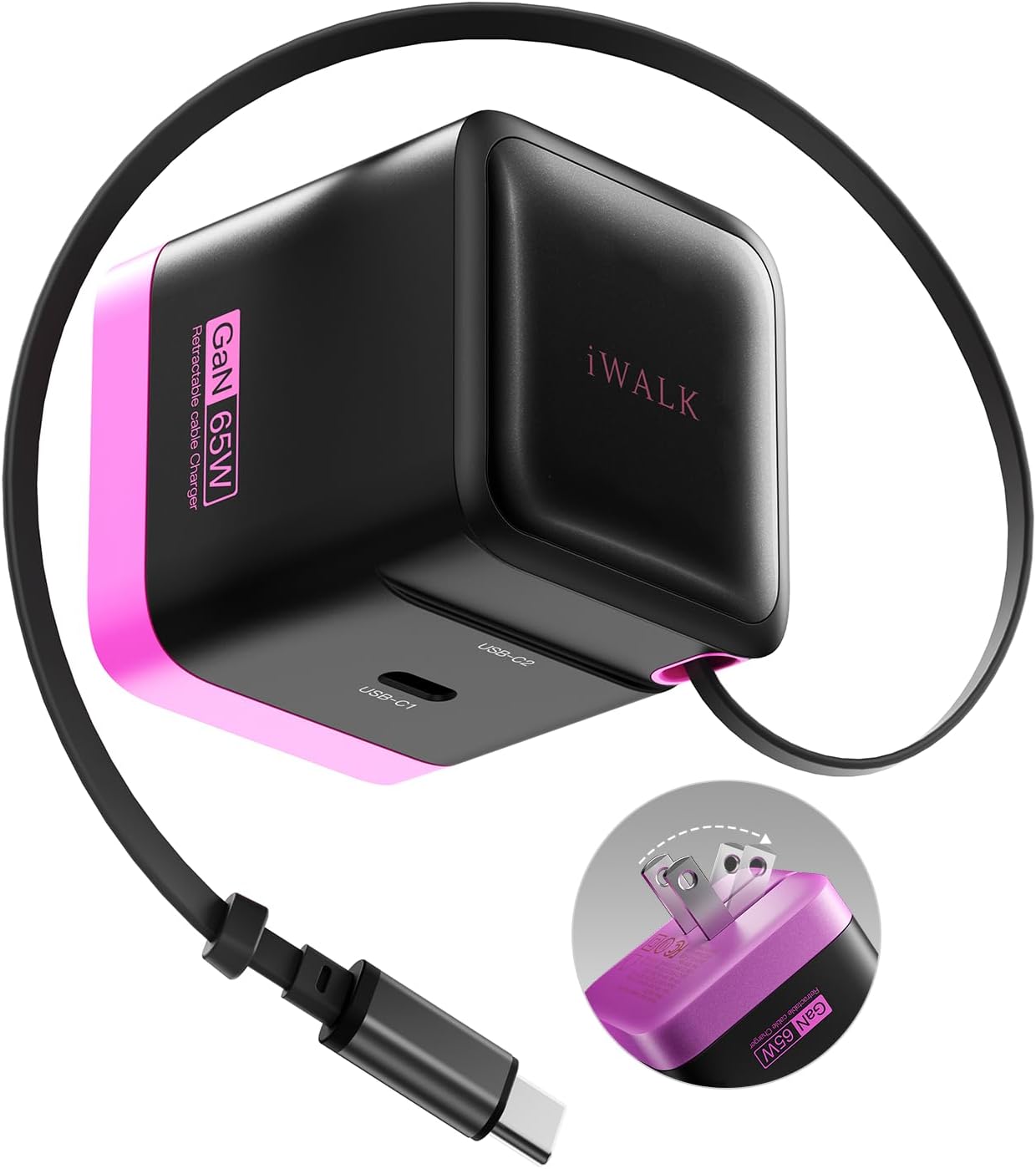 iWALK 65W GaN Charger with Built-in Retractable USB-C Cable, 2 Devices Mini Travel Fast Charging Foldable Wall Charger for MacBook Pro, iPad Pro, Airpods, iPhone 16/15 Pro Max, Galaxy S25/S24 And More iWALK 65W GaN Charger with Built-in Retractable USB-C Cable, 2 Devices Mini Travel Fast Charging Foldable Wall Charger for MacBook Pro, iPad Pro, Airpods, iPhone 16/15 Pro Max, Galaxy S25/S24 And More