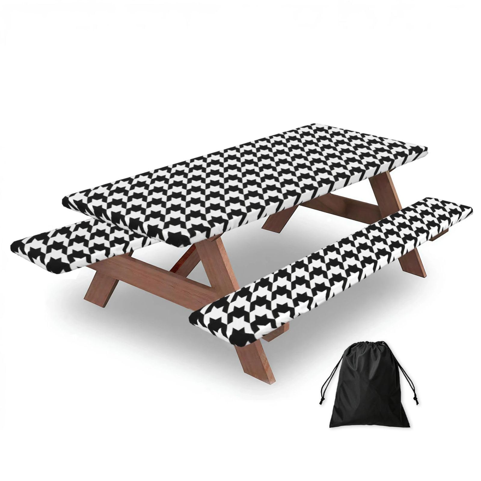 Zyjhyy Black Houndstooth Print Party Table Covers With Bench Covers Set Of 3 Picnic Table Cloth Wipe Clean For Garden Camping