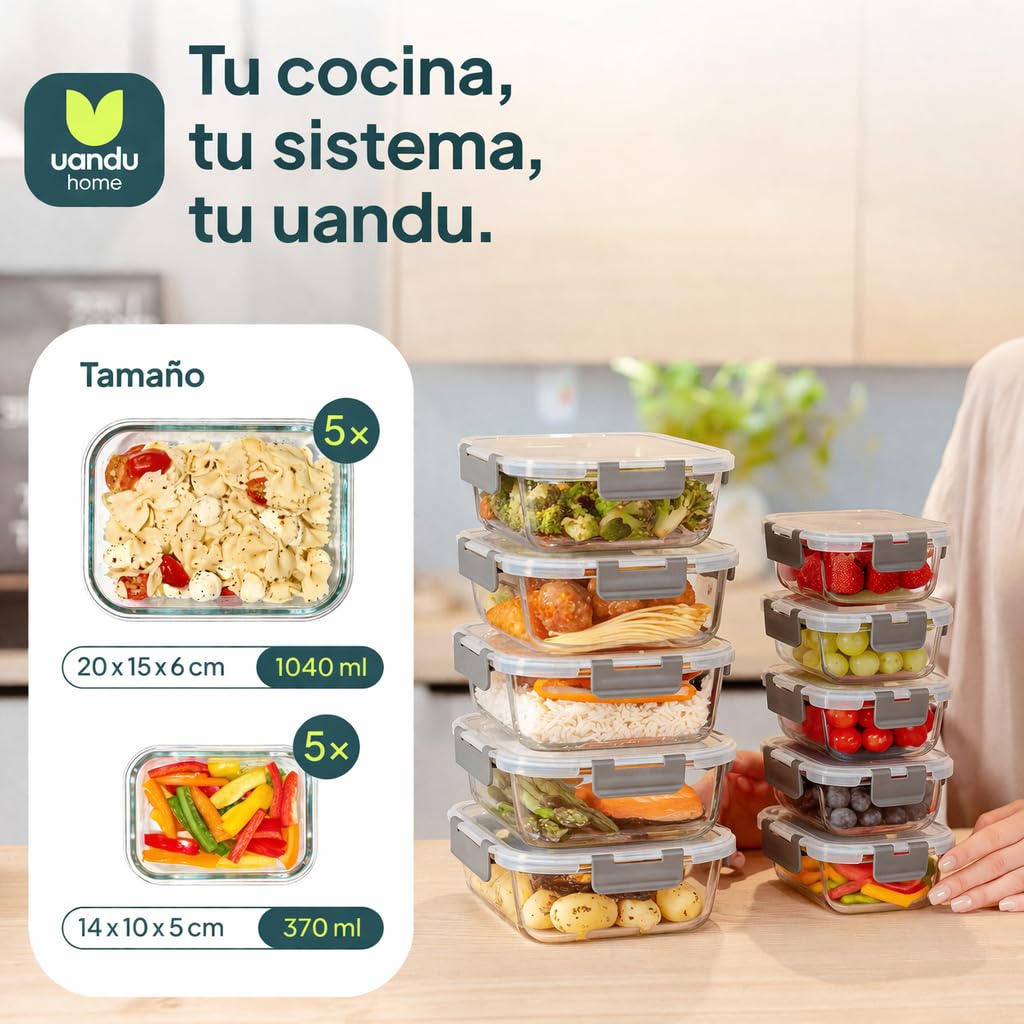 uandu Set de 10 Recipientes Herméticos de Cristal con Tapa para Alimentos, Vidrio Borosilicato, Fiambrera Meal Prep, Sin BPA, Apto Microondas, Horno y Congelador