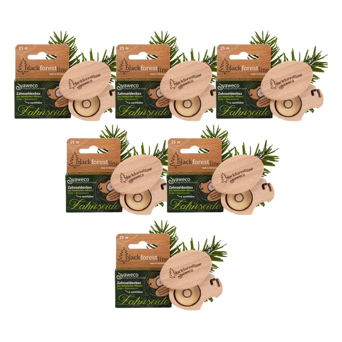 yaweco Black Forest Line Zahnseidenbox aus Holz von heimischen Hölzern 6 x 1 Stück