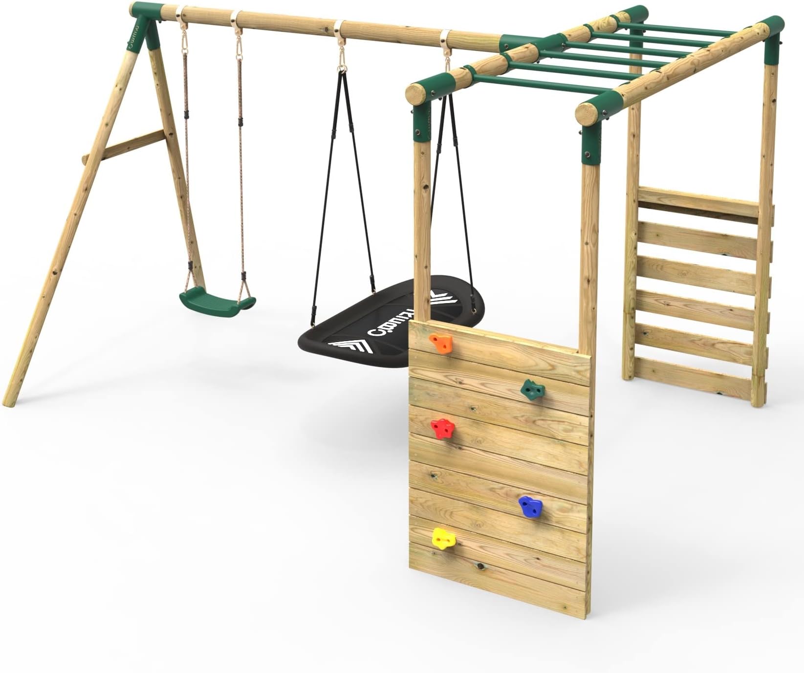 Rebo® Wooden Garden Swing Set with Extra-Long Monkey Bars Attachment - Sage Green | OutdoorToys | Kids' Outdoor Wooden Play Equipment for Gardens, Frame and Accessories Included, Weather Resistant