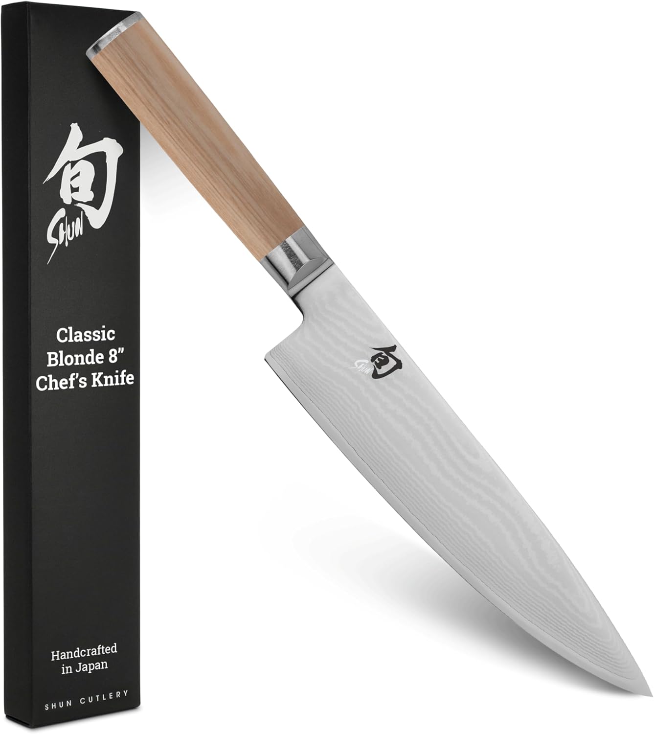 shun classic blonde chef's knife closeup of blade and pakkawood handle