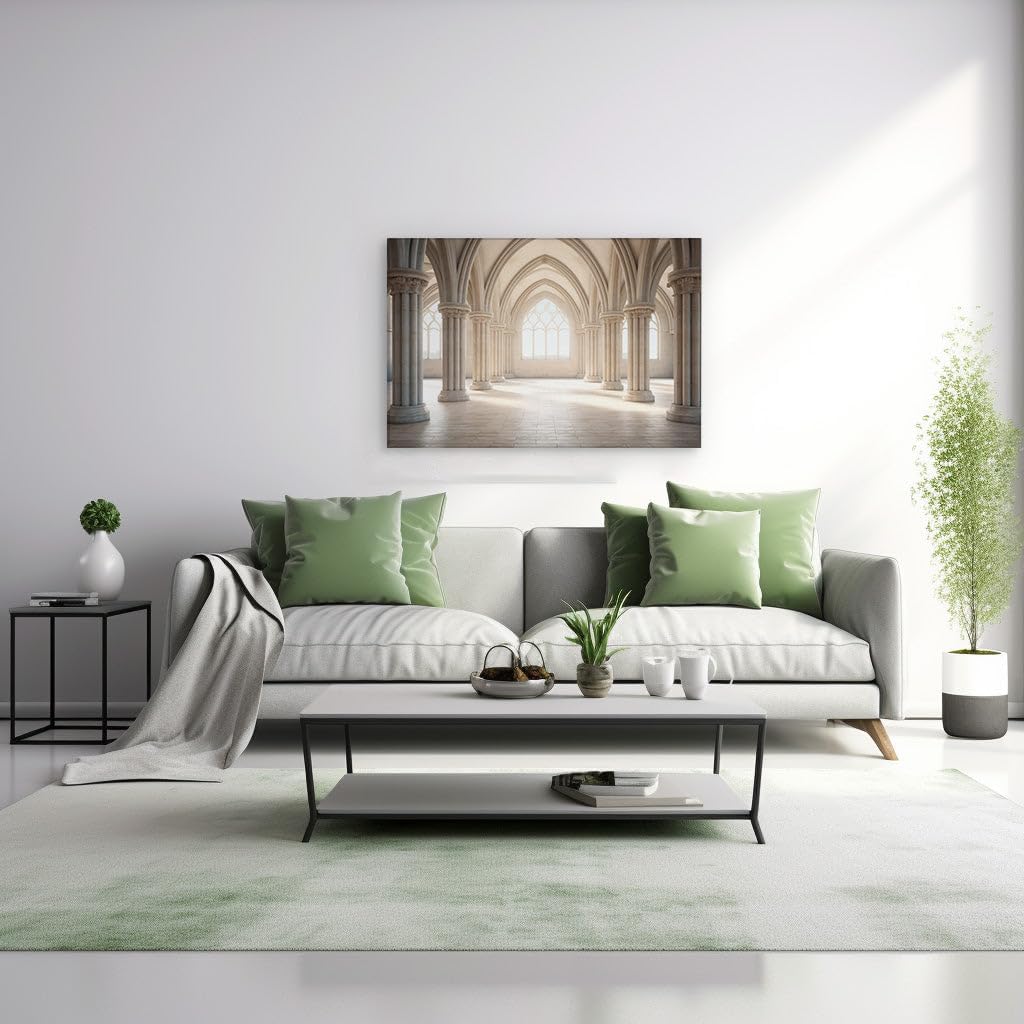 Canvas for Living room. Sunlit Serenity: The Spacious Charm of Arched Windows and Classic Stone Columns, 27 x 18 inch Canvas Wall Art - Contemporary Masterpieces - Modern Home Decor