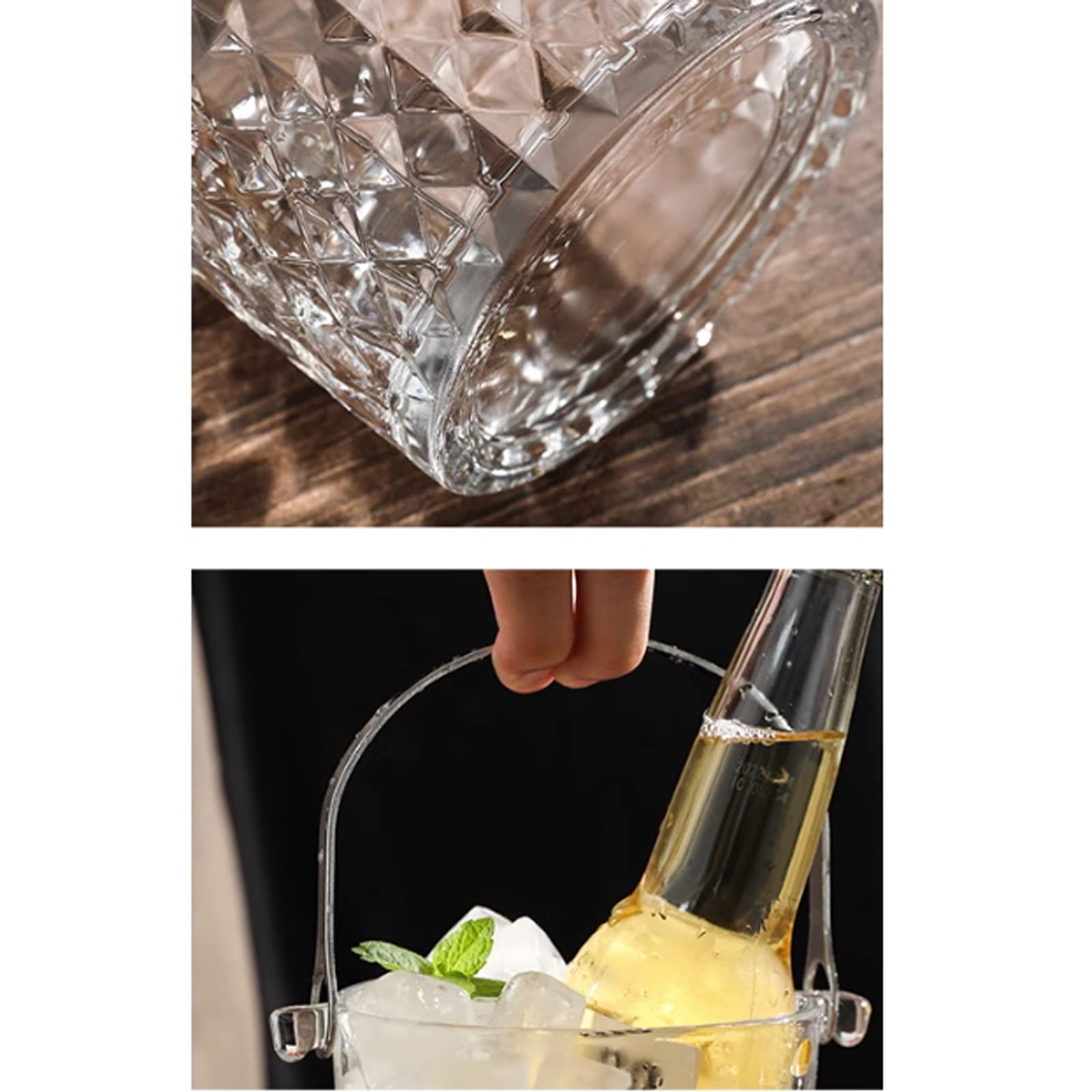 Cubitera/Enfriador Cubo de Hielo de Cristal de Calidad, Cubo de champán Transparente de 900ML for Fiesta en casa con Asas Cubiteras Botellas(B)