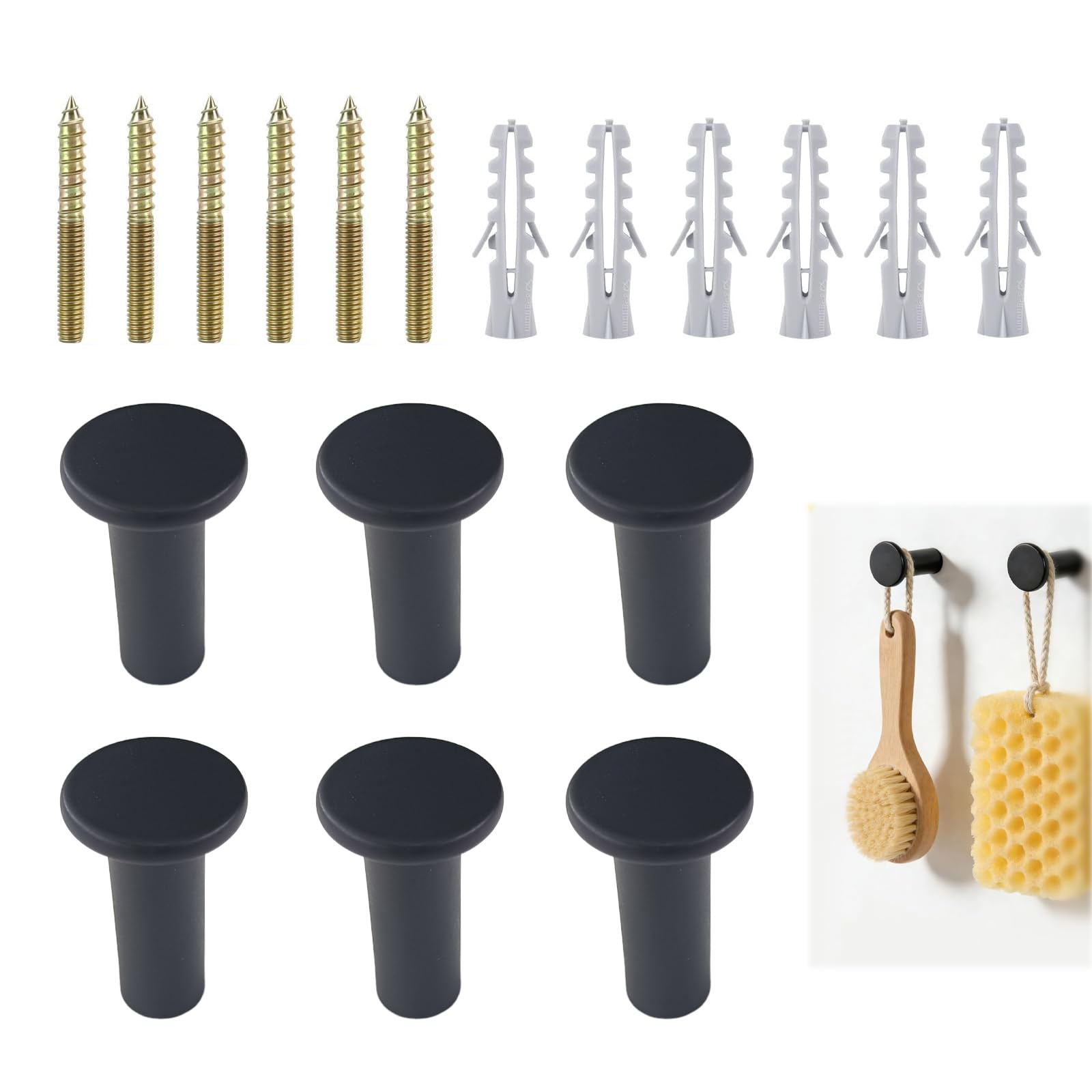 Set di 6 ganci da parete neri a testa tonda monoforo, appendiabiti da parete con viti e tasselli a doppia rete, robusti ganci per cucina, bagno, soggiorno e deposito a parete
