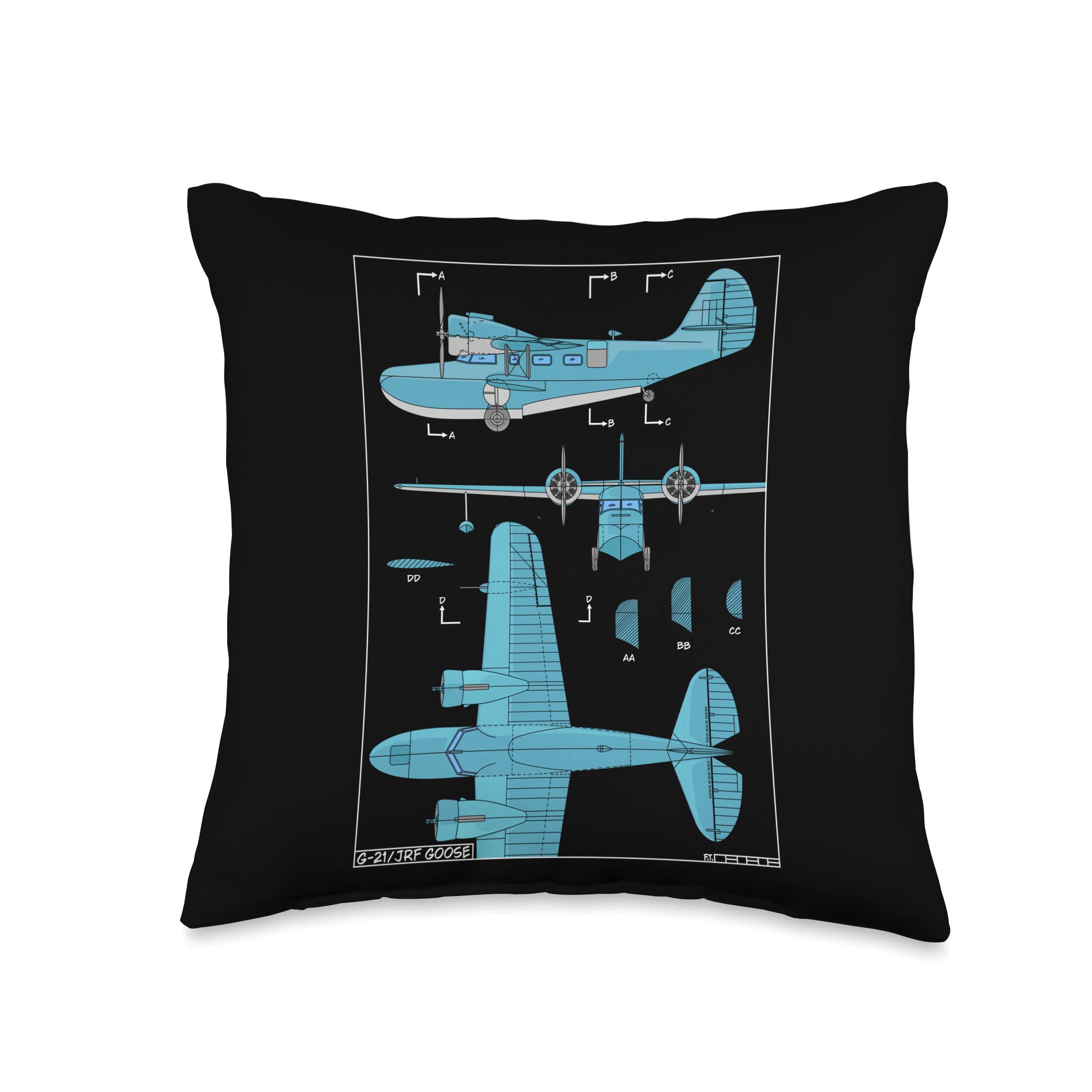 WWII Fighting Planes Blueprints Co G-21 JRF Goose American WW2 Amphibious Flying Boat Diagram Throw Pillow, 16x16, Multicolor