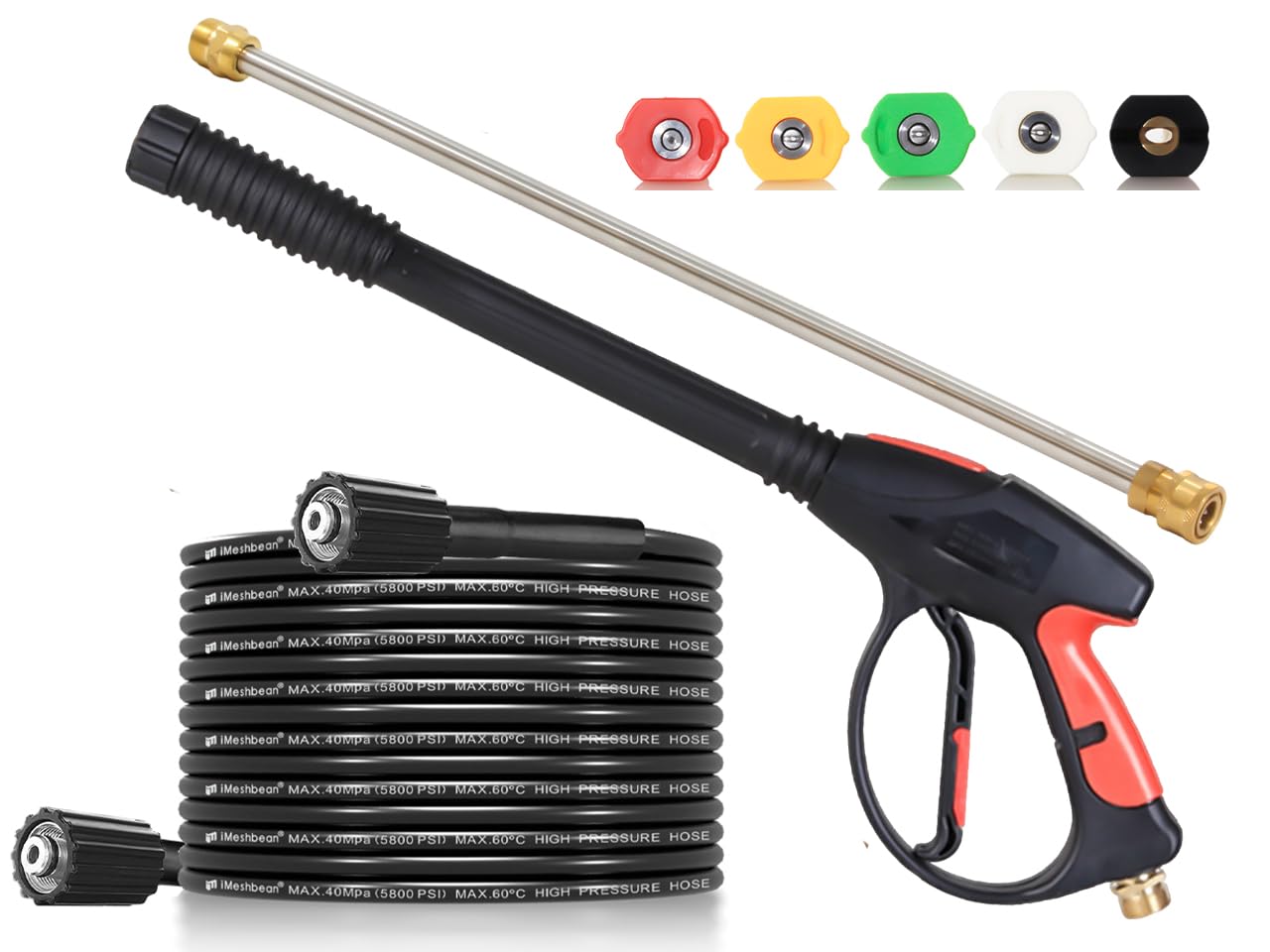 Brass Power Washer Gun and Hose Kit, Pressure Washer Gun with Replacement Wand Extension, 25 FT Power Washer Hose, 5 Nozzle Tips, M22 Fitting, 40 Inch Adjustable Length, 4000 PSI