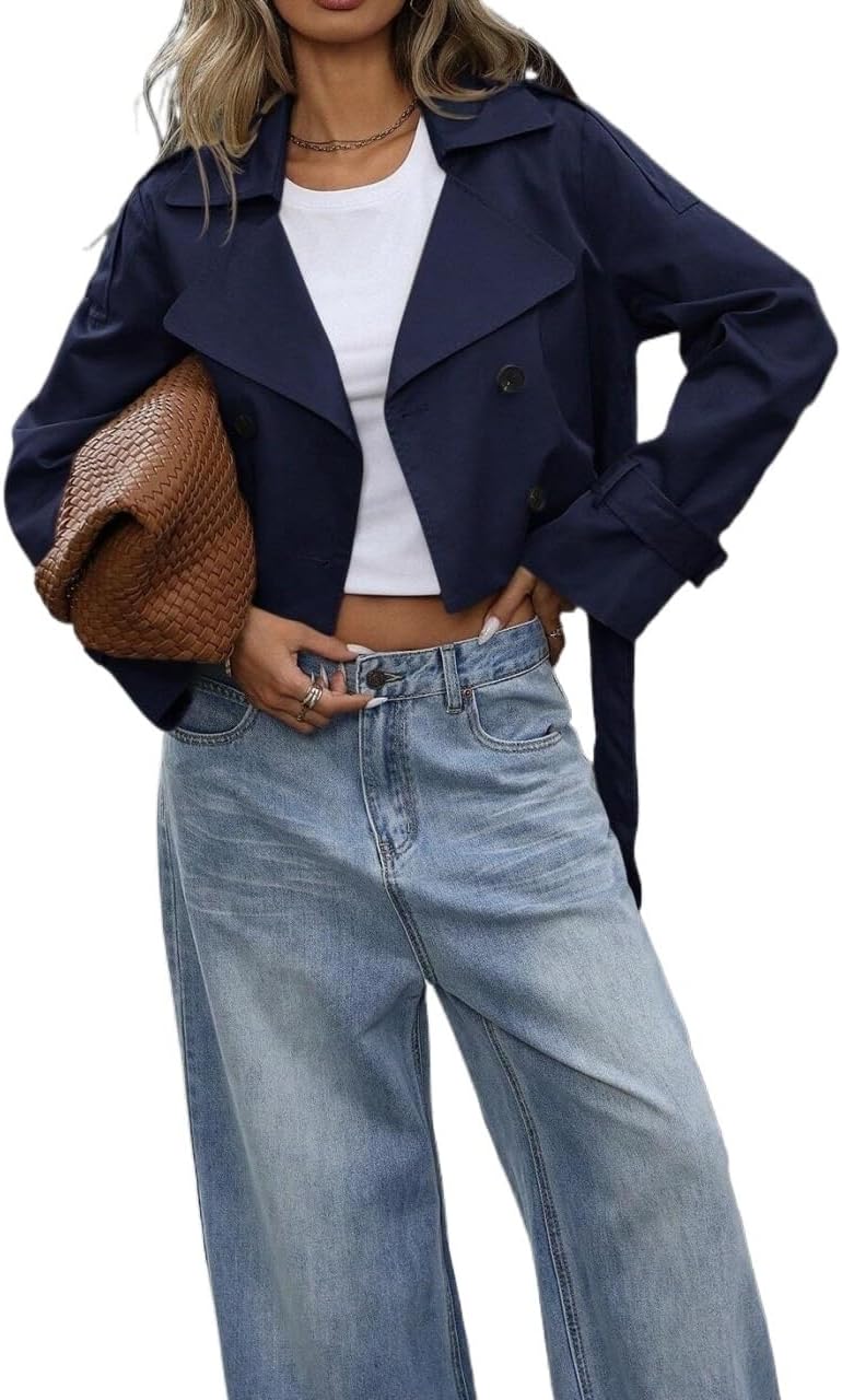 Womens Fashion Trench Outwear Short Loose-Fit Double-Breasted Belted Trench Coat Jacket Coat