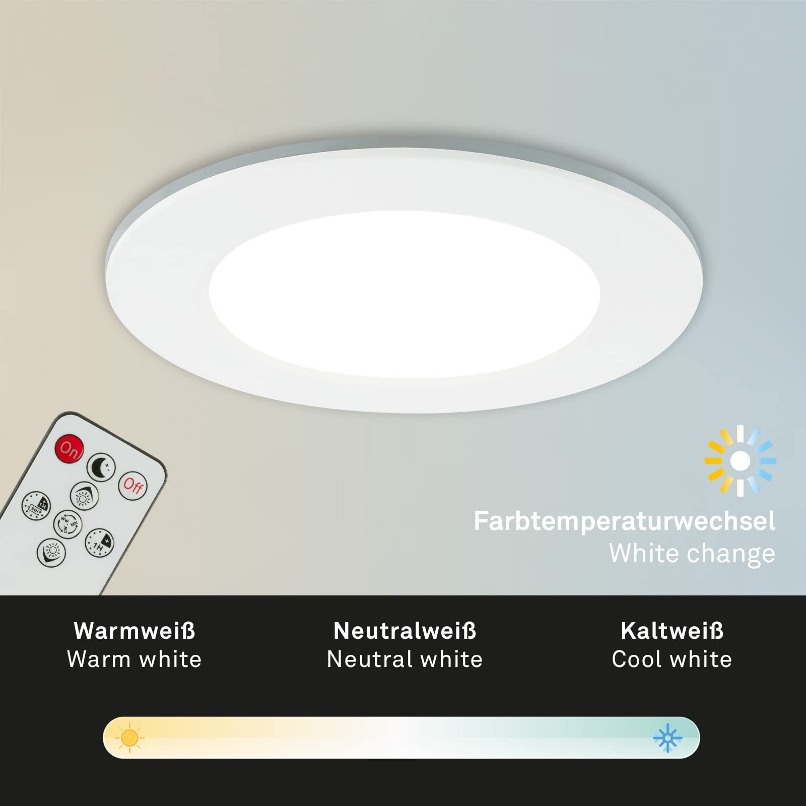 BRILONER - 3er Set Bad Einbaustrahler LED mit Fernbedienung, einstellbar von warmweiß bis kaltweiß, dimmbar, LED Spot, Deckenspots, Spots, Einbauleuchten, Einbauspots, 92x45 mm, Weiß (Packung mit 2)