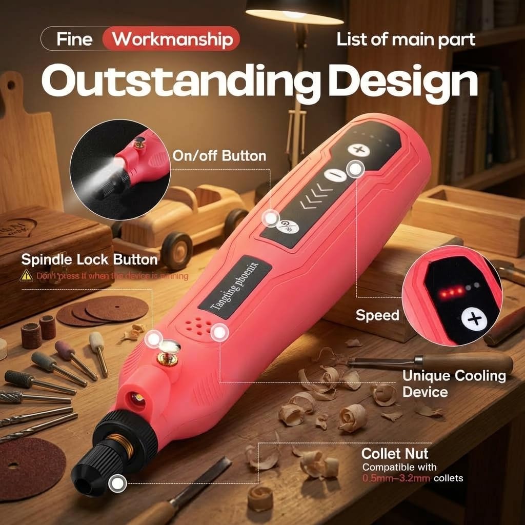 Kit di utensili rotanti all-in-one con 45 accessori, strumento elettrico senza fili da 3,7 V, 5 velocità e ricarica USB per fai da te, levigatura, lucidatura, incisione - rosa