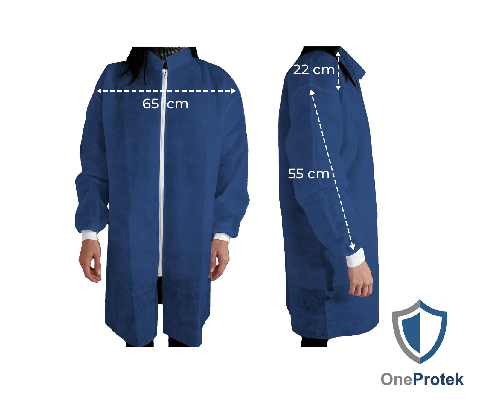 Lot de 10 Surblouses Jetables Bleues XL OneProtek - Blouse de protection fermeture éclair, Médical et industriel, Polypropylène non-tissé, Conforme contact alimentaire, Confortable et Résistante