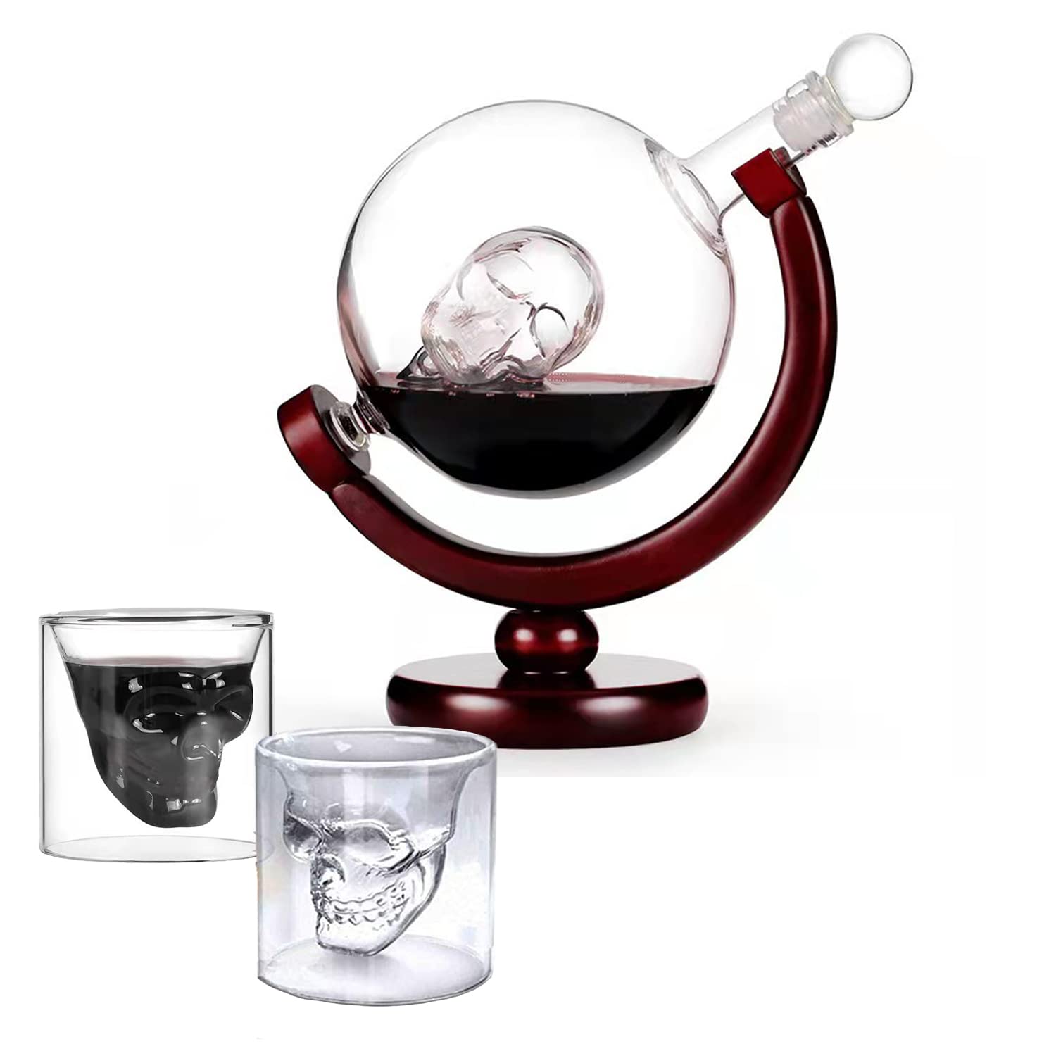 GGEROU Skull Whiskey Decanter,800ml Crafted Glass Skeleton Globe Decanter Set with 2 Skull Shot Glasses (75ml) - Liquor Dispenser for Liquor, Bourbon, Vodka,Gifts for Men