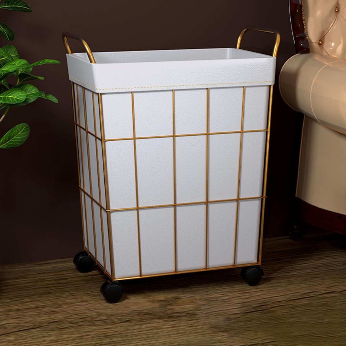 Wäschekorb Wäschesammler Mit Rollen, Wäschewagen Metall Mit Stahlrahmen Und PU-Leder Wäschesack, Schmutziger Wäschekorb Für Haus, Schrank, Schlafsaal, Badezimmer(/Gray A,32CM)
