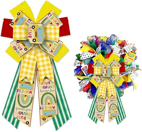 Hying Lazos grandes de bienvenida para corona, lazos de corona con temática escolar, lazo amarillo y blanco a cuadros, arco de arpillera colorido Hying Lazos grandes de bienvenida para corona, lazos de corona con temática escolar, lazo amarillo y blanco a cuadros, arco de arpillera colorido