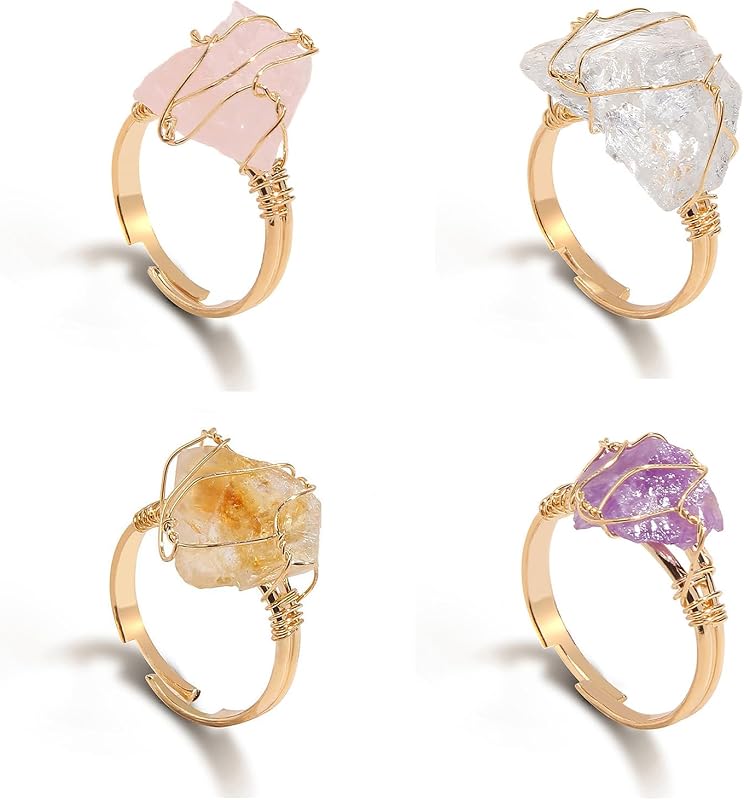 4 PCS Chakra Crystal Rings, Adjustable Wire Wound Healing Crystal Rings, Irregular Color Gemstone Statement Rings for Women