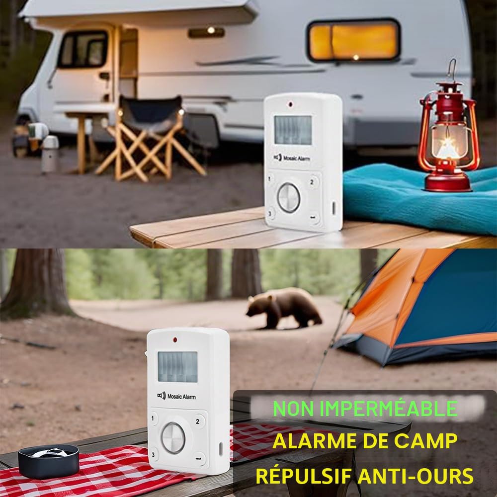Alarme Détecteur de Mouvement 135dB avec Télécommande - Sirène Puissante 135 Décibels pour Garage, Abri, Intérieur - Sécurité Anti-Intrusion Maison - Portable avec Clavier, Batterie ou USB