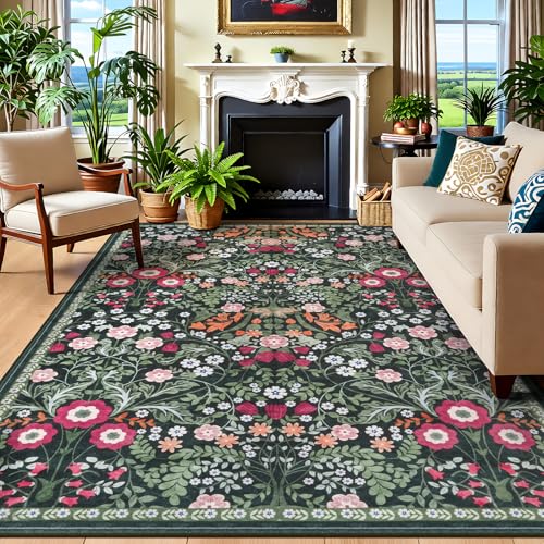 Image of IMIYOKU Washable Rugs Living Room Large 160x230cm, Boho Vintage Floral Living Room Rug Carpet with Non-Slip Backing, Soft Low Pile Area Rugs for Bedroom Dining Room Nursery Home Office