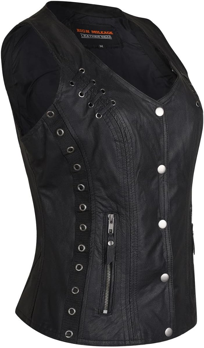 Women's Black Premium Cowhide Biker Motorcycle Leather Vest with Cowgirl Western Leather Outwear, Adjustable Side Buckles