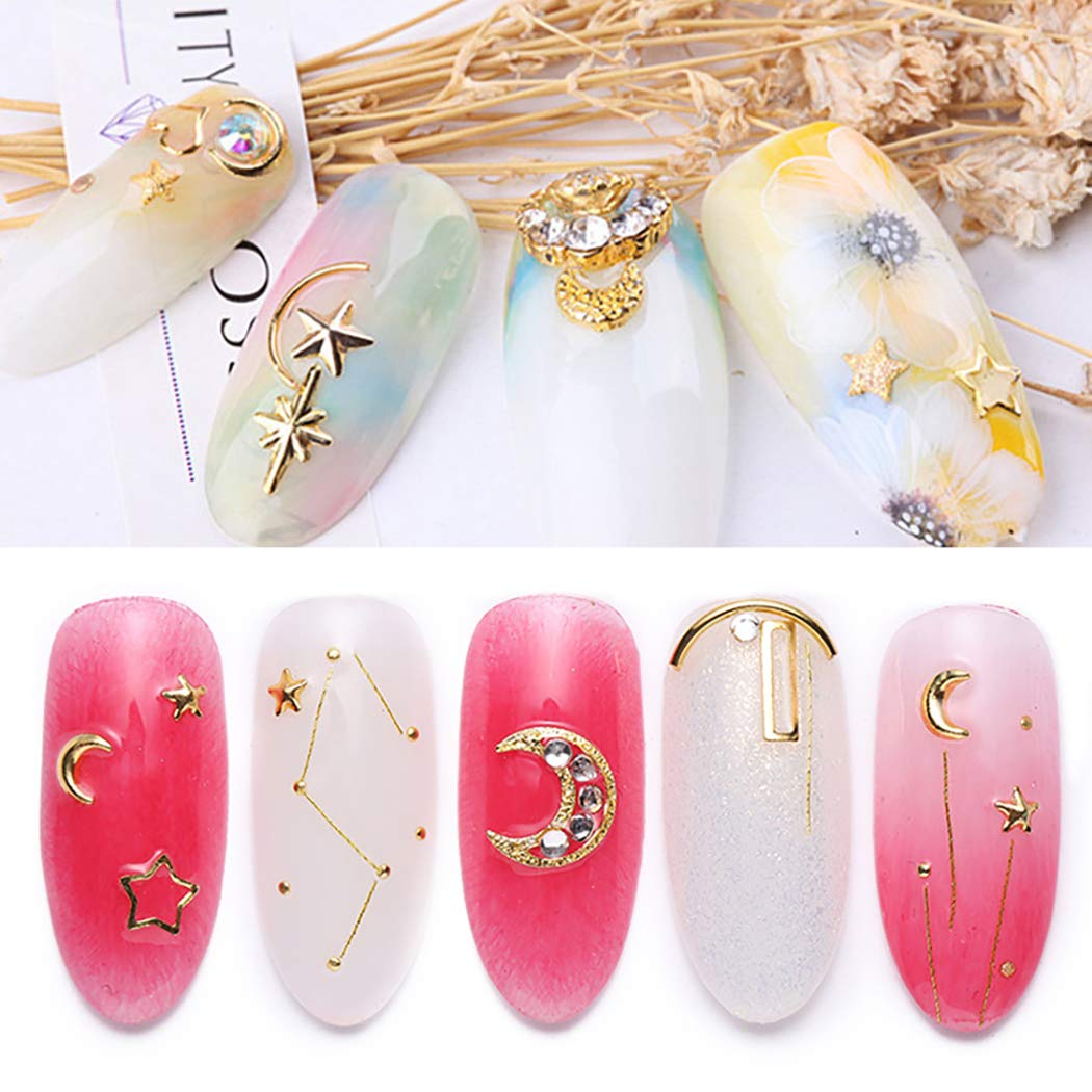 Kapmore Nail Art Stud Nail Sequins DIY Assorted Hollow Gold Moon Star Metal Nail Charms Manicure Glitter Alloy Nail Art Decoration with Tweezer