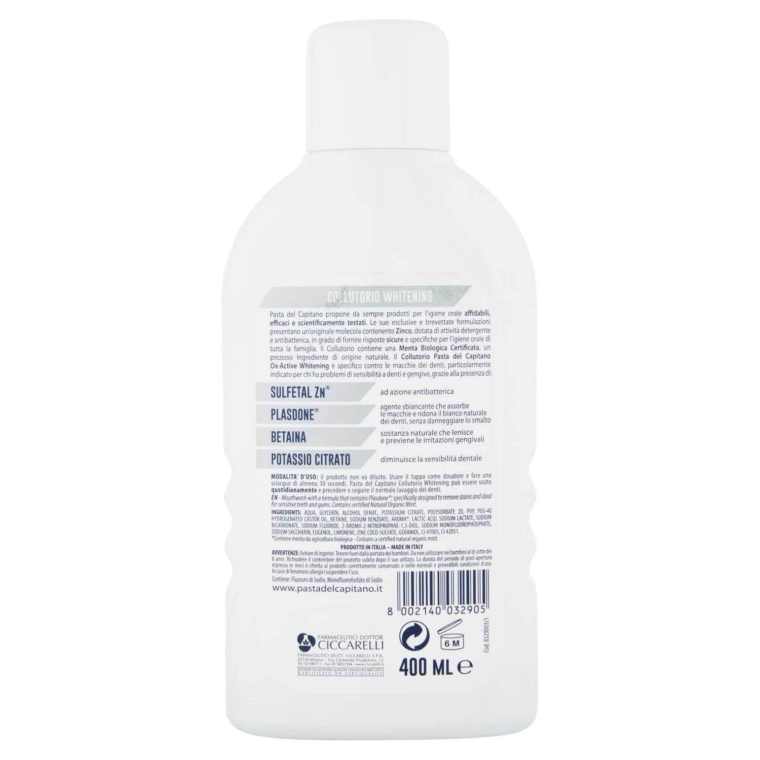 Pasta del Capitano Collutorio Whitening & Denti Sensibili - Enjuague bucal para dientes sensibles 400 ml + llavero Beni Culinari gratuito (12 unidades)