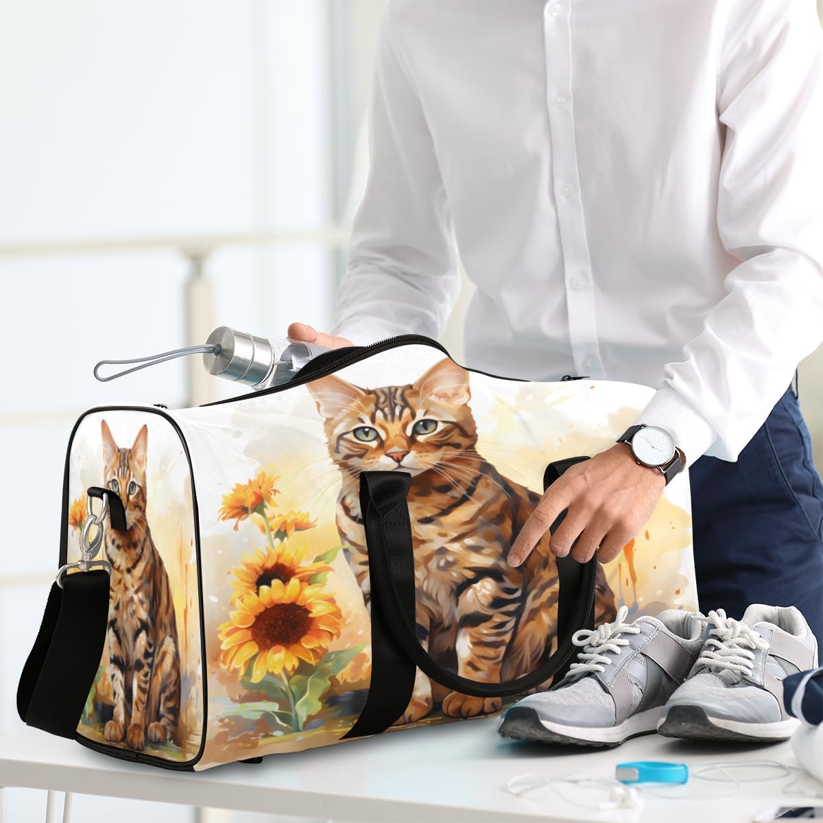 Watercolour Cat Sunflower Travel Duffel Bag for Women Men Large Capacity Overnight Weekender Bags for Lightweight Waterproof Sport Gym Bag for Workout Yoga Swim