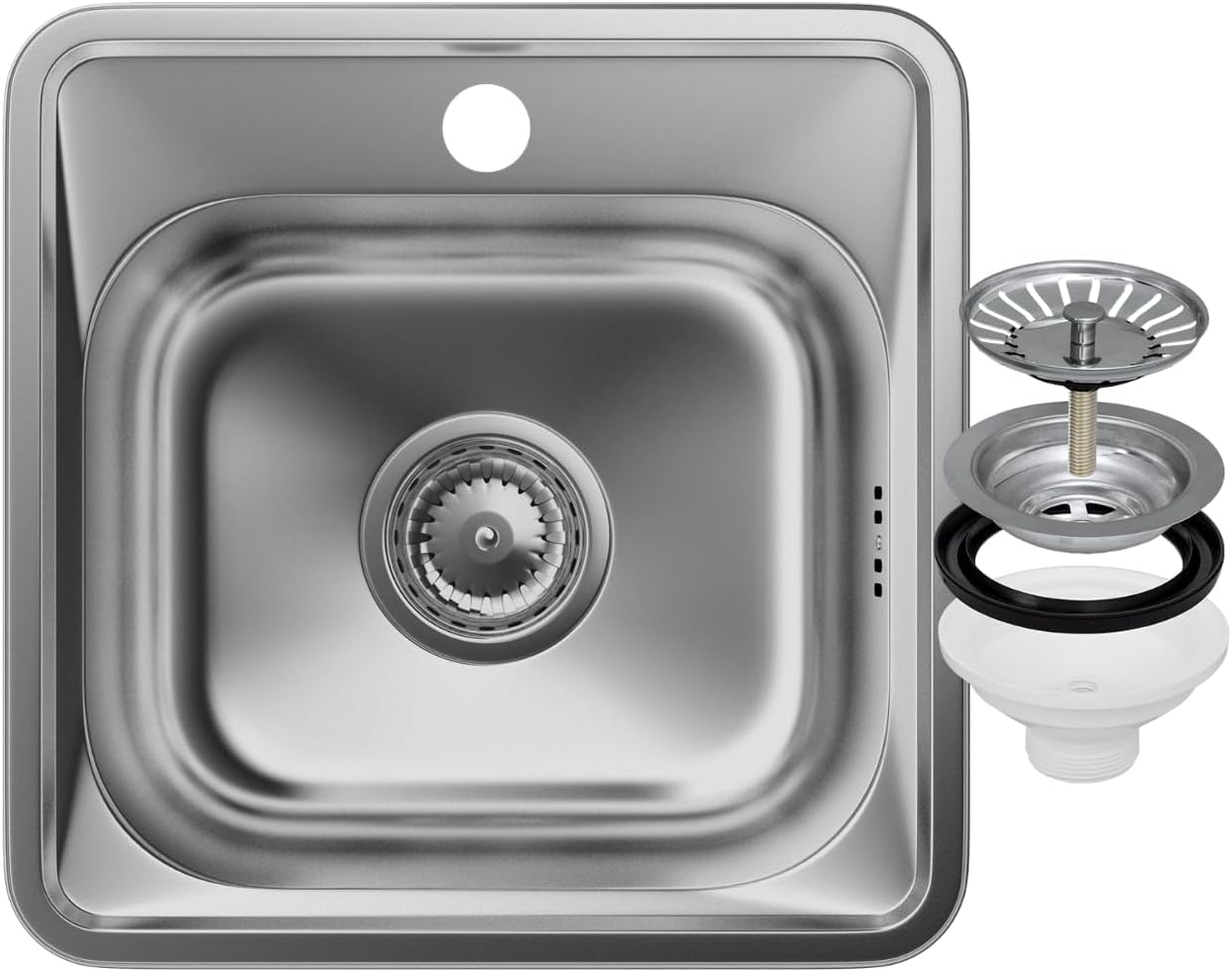 Évier de Cuisine en Acier Inoxydable 38x38 cm avec Siphon - Trou Robinet ⌀ 92 mm - Facile à Encastrer - Satin - GRANITAN
