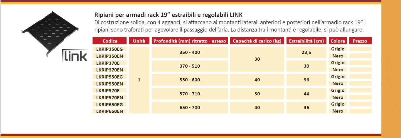 Link LKRIP350EN - Mensola Estraibile per Armadio Rack 19 Pollici Universale (48x35x4,5 cm, Nero RAL9005) – Acciaio Traforato per Ventilazione – Portata 40 kg e Kit Montaggio Incluso