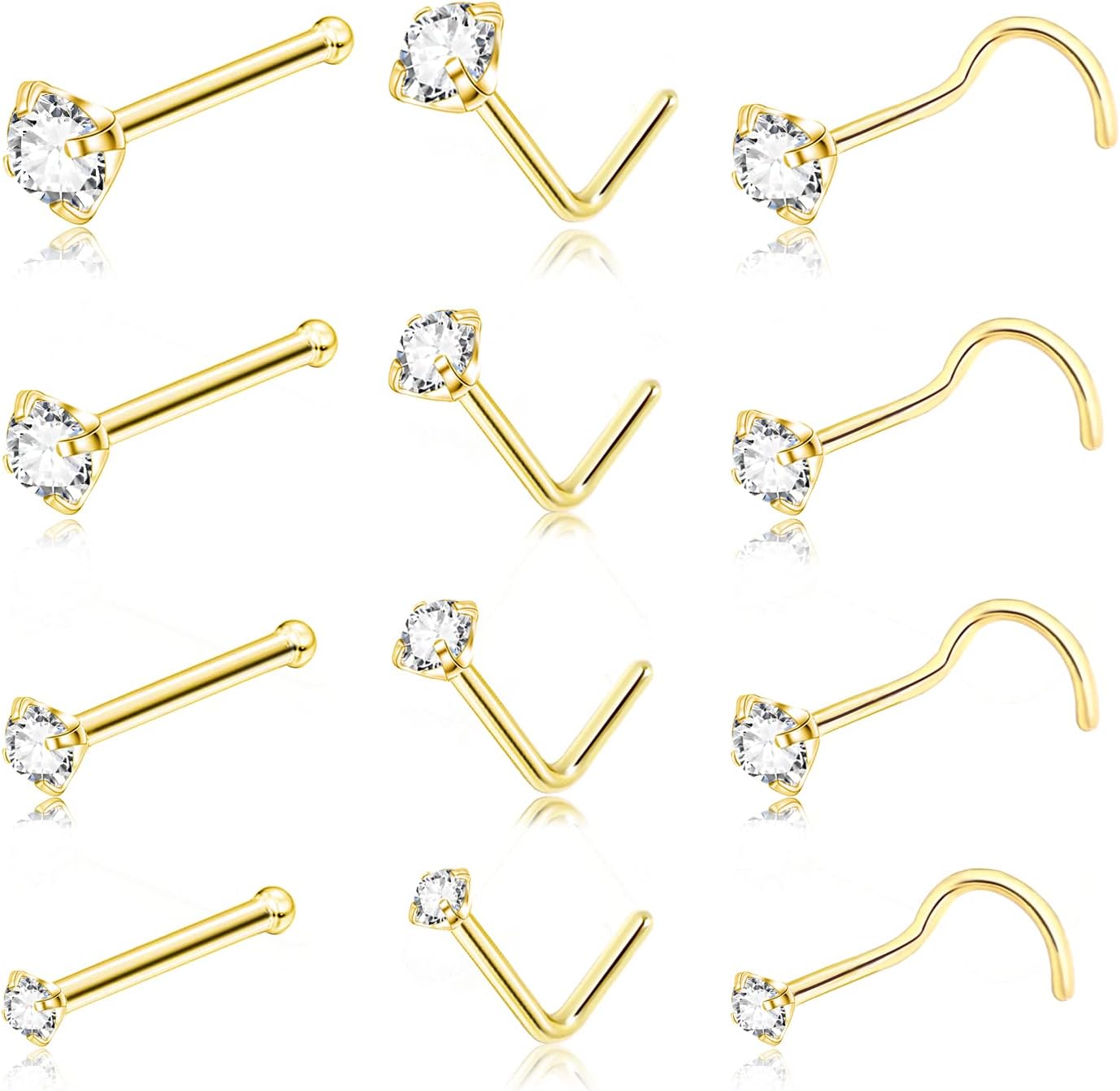 DAILI20G Gold Nose Rings Studs: Surgical Steel L Shaped Nose Studs Hypoallergenic Corkscrew Nose Rings Tiny CZ Bone Zircon nose stud set for Women Men (12Pcs)
